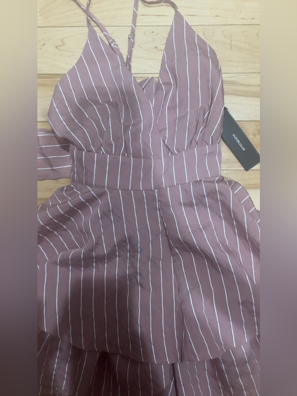 LULU’S RUFFLE AND FLOW MAUVE STRIPED BACKLESS RUFFLE ROMPER - Picture 5 of 7
